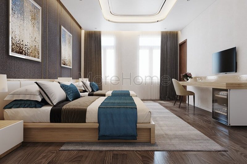 Mẫu thiết kế nội thất phòng ngủ khách sạn hiện đại, độc đáo với 2 giường ngủ gỗ công nghiệp cao cấp kết hợp đồ nội thất phòng ngủ sang trọng, cao cấp