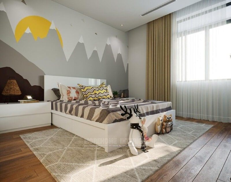 Giường ngủ phòng trẻ em đẹp với ý tưởng sử dụng tone màu trắng chủ đạo từ gỗ acrylic cao cấp