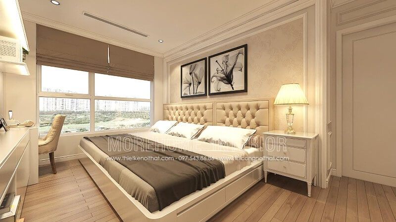 Thiết kế giường ngủ cách điệu, với kích thước lớn, phần đầu giường bọc da lạ mắt mang đến sự sang trọng, thoải mái nhất cho gia chủ trong quá trình sử dụng