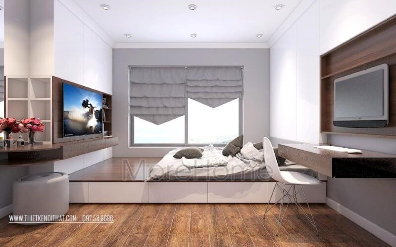 Chiếc giường ngủ độc đáo được thiết kế liền kề với khu vực cửa sổ giúp cho căn phòng luôn tràn ngập ánh sáng tự nhiên