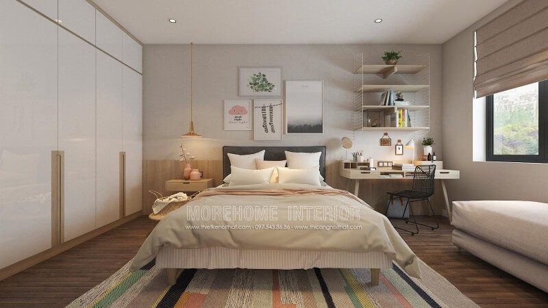 Giường ngủ hiện đại bọc nệm với thiết kế đơn giản nhưng lại tạo nét sinh động, đáng yêu cho phòng ngủ nhỏ.